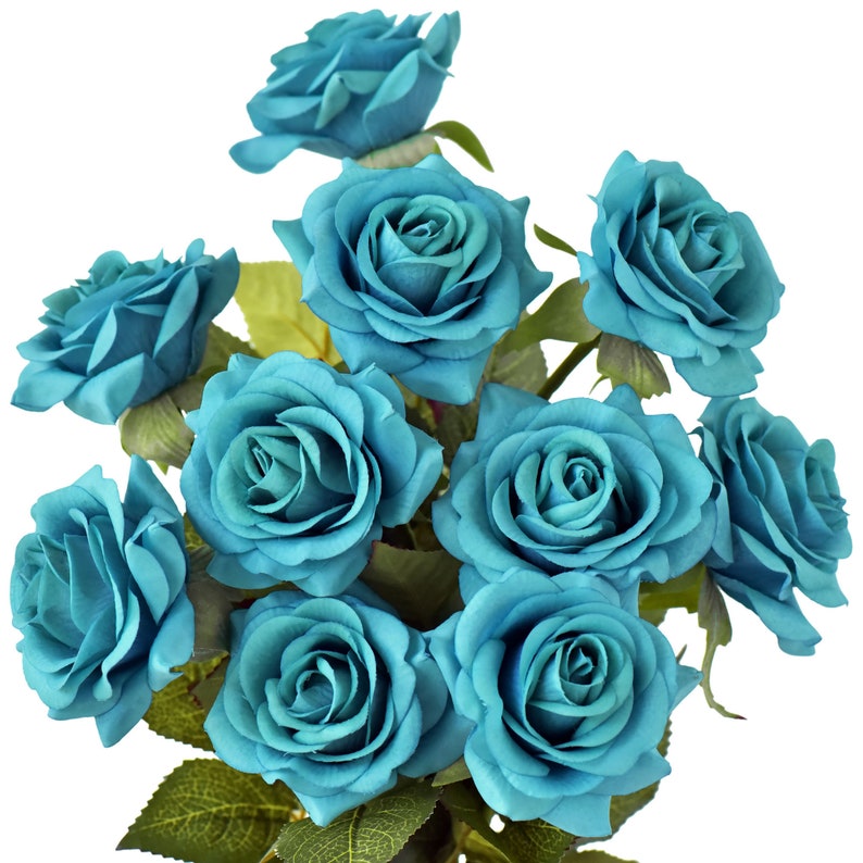 10 Stems Real Touch Teal Roses Silk Artificial Flowers petals Etsy