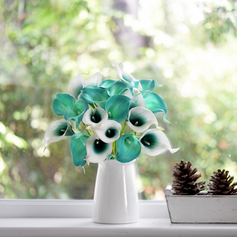 10 lys calla bleu aqua : tiges en PU au toucher réel pour vases image 8