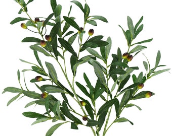 May include: A sprig of artificial olive branches with green leaves and small, dark olives. The leaves are a mix of light and dark green, and the olives have a hint of purple. The branches are arranged against a white background.