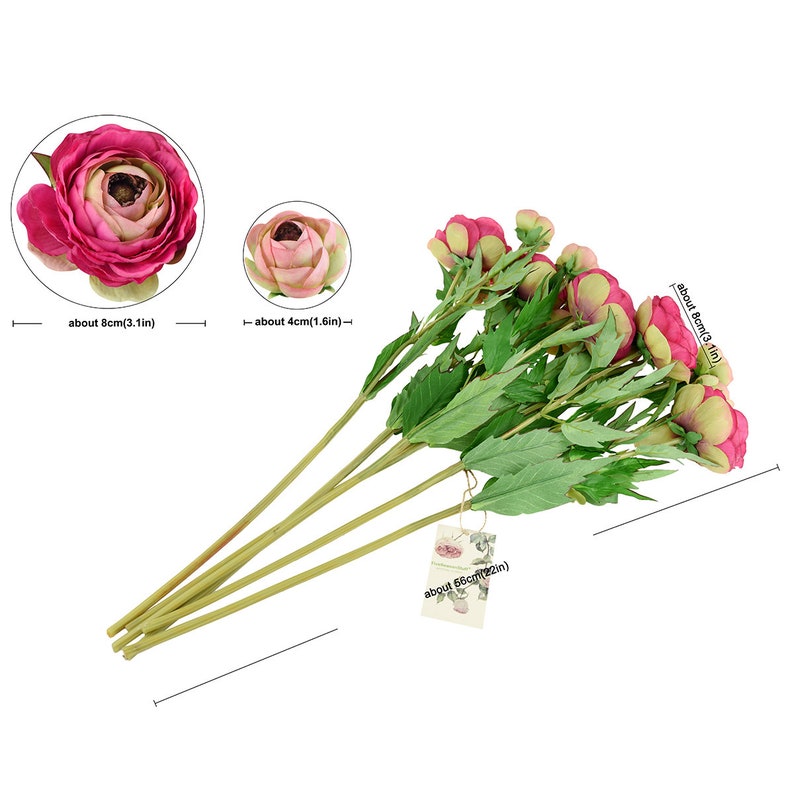 May include: A bundle of artificial ranunculus flowers with pink and green hues. The flowers are about 3.1 inches in diameter, with stems about 22 inches long. The image includes close-ups of the flower heads and green leaves.