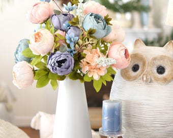 FiveSeasonStuff 2 Bundles of Blue & Pink Peonies Artificial Flower Bouquet