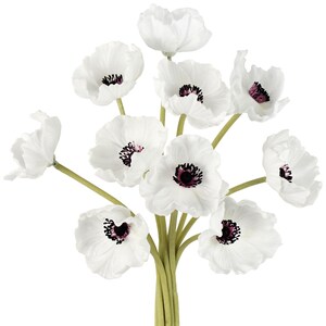 May include: A bouquet of ten white artificial poppy flowers with dark centers. The flowers have a realistic appearance and are arranged in a cluster.