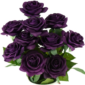 10 Stems Real Touch Plum Purple Roses Silk Artificial Flowers ‘Petals Feel and Look Like Fresh Roses&#39;  FiveSeasonStuff Floral