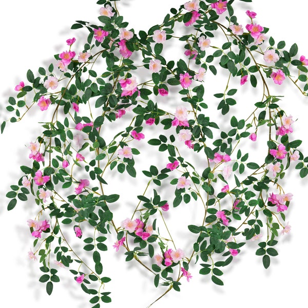 FiveSeasonStuff 2 Pcs 12ft Bendable Flower Garland Artificial Silk Wild Rose Vine Leaves Hanging Flowers for Wall Decoration (Fuchsia Pink)