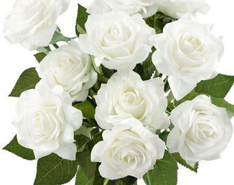 White Artificial Rose Bouquet: Faux Silk Flower Stems