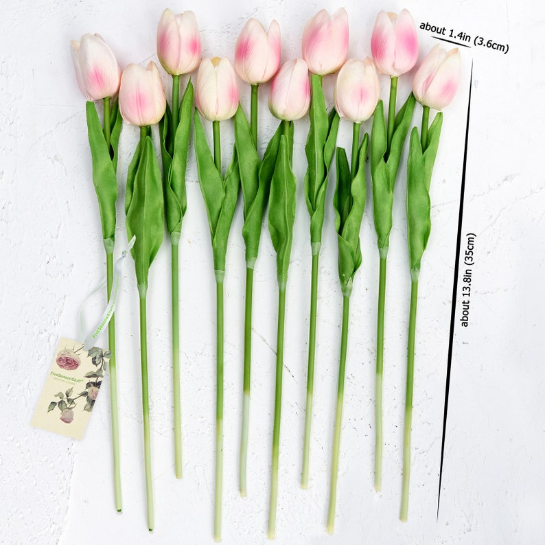 May include: A bouquet of 10 pink artificial tulips with green stems. The tulips are about 1.4 inches wide and the stems are about 13.8 inches long.