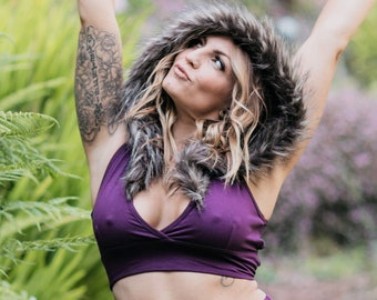 Wal Fur Lined Hooded Top - Purple Attire Burning Man Sexy Festival Bohemian  of  Noralina - Noralina Freedom Designs