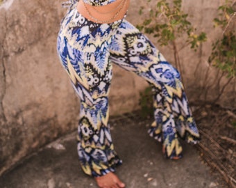 High Waist Bell Bottom Flare Pants - 2020 Colors Blue and Cream Noralina Freedom Gypsy Sexy Attire Burning Man Cosplay Wide Legged High Rise