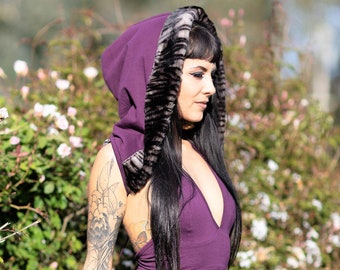 Shan Fur Lined Hooded Dress - Purple - Detachable Hood - Flow Arts Dominatrix Festival Outfit Sexy Assassins Bondage Creed Cosplay Hooping