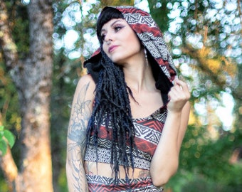 Cross Strap Hooded Top - Black and Red Print Noralina Freedom Assassins Sexy Festival Bohemian Creed  Bondage Dominatrix