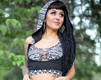 Sutra Unterbrust Kapuzen Top Set - Schwarz Weiß Push Up Burning Man Sexy Festival Boho Noralina Cosplay Elf Assassin Attentäter Kostüm