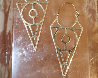 Arrow Prophecy Earrings - Brass Gold Festival Burning Man Flow Arts Sacred Geometry Cosplay Jewelry Silver Big Hoops Bohemian Boho Chic