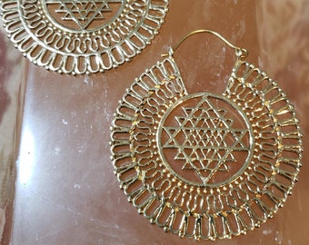 Small Sri Yantra Earrings - Brass Gold Festival Burning Man Flow Arts Sacred Geometry Cosplay Jewelry Silver Big Hoops Bohemian Boho Chic