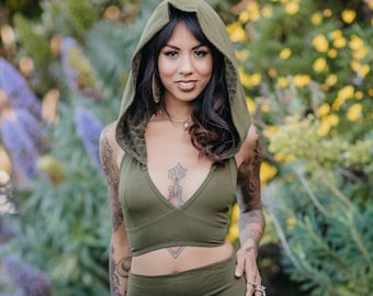 Shan Hooded Top - Flower of Life Print Hood - Olive Green Attire Burning Man Sexy Festival Bohemian  Noralina Cosplay Elf