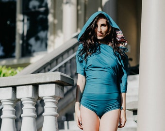 Asalyn Hooded Romper with Detachable Hood - Teal - Asymmetrical Flow Arts Off the Shoulder Dress Assassins Bondage Creed Cosplay Hooping
