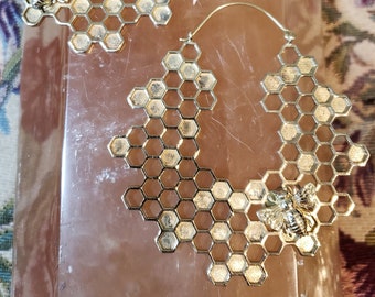 Honey Bee's Delight Earrings - Silver Festival Gold Burning Man Sacred Geometry Cosplay Jewelry Honey Comb Big Hoops Bohemian Boho Chic