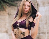 Dezarae Cold Shoulder Top - Flower of Life Print Hood Black Noralina Attire Burning Man Sexy Festival Bohemian Noralina Cosplay Elf