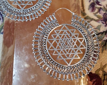 Sri Yantra Orb Earrings - Silver Festival Gold Burning Man Flow Arts Sacred Geometry Cosplay Jewelry Silver Big Hoops Bohemian Boho Chic