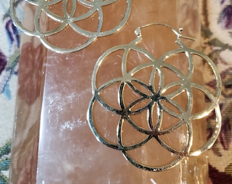 Large Seed of Life Earrings - Silver Festival Gold Burning Man Flow Arts Sacred Geometry Cosplay Jewelry Silver Big Hoops Bohemian Boho Chic