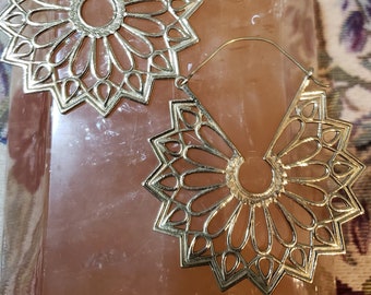 Star Blossom Earrings - Brass Gold Festival Burning Man Flow Arts Sacred Geometry Cosplay Jewelry Silver Big Hoops Bohemian Boho Chic