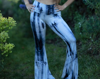 High Waist Bell Bottom Flare Pants - 2019 Colors Blue and White Tie Dye Noralina Freedom Gypsy Sexy Attire Burning Man Wide Legged High Rise