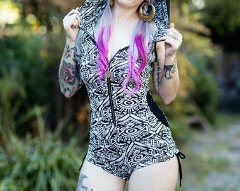 Storm Hooded Romper - Black and White Print - Flower of Life Zipper Pull - Onesie Sacred Geometry Jumpsuit Jumper Cosplay Costume Sexy