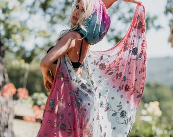 Upcycled indischer Schal mit Kapuze, Sarong - mehrere Farben innen - Kimono-Kapuze überwerfen Strandausrüstung Sexy Zauberin Ausrüstung Poncho Kamono