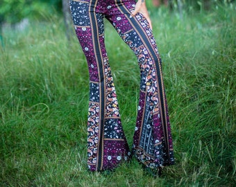 High Waist Bell Bottom Flare Pants - 2020 Colors Black and Maroon Noralina Freedom Gypsy Attire Burning Man Cosplay Wide Legged High Rise