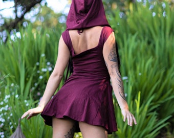 Tulip Hooded Romper with Detachable Hood - Maroon Asymmetrical Flow Art Arts Festival Outfit Sexy Cosplay Hooping Costume Little Red Riding