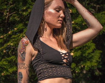 Sutra Unterbrust Kapuzen Top Set - Black Push Up Burning Man Sexy Festival Boho Cosplay Elf Assassin Attentäter Kostüm