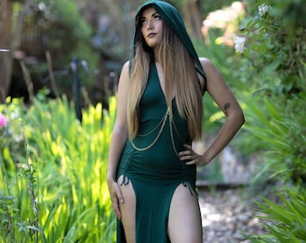 Shan Priestess Hooded Dress - Sorceress Dominatrix Festival Outfit Sexy Assassins Costume Bondage Creed Renaissance Cosplay Forest Nymph