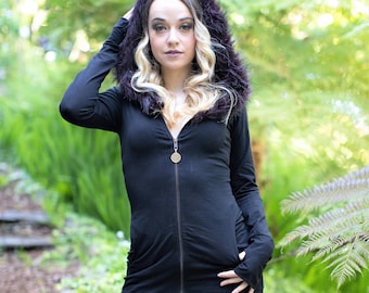 Aiwa Fur Hoodie Dress - Flower of Life Zipper Pull Faux Assassins Coat Black Hoody Sacred Geometry Warm Coat Creed Sexy Stripper EDM Jacket
