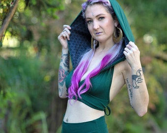 Shan Hooded Top - Flower of Life Print Hood Forest Green Gypsy Attire Burning Man Sexy Festival Bohemian Noralina Cosplay Elf Elven