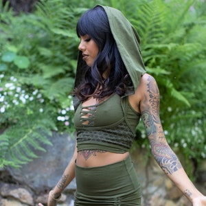 Sutra Underbust Hooded Top Set - Olive Green Push Up Burning Man Sexy Festival Bohemian Noralina Cosplay Elf Assassin Attire Costume