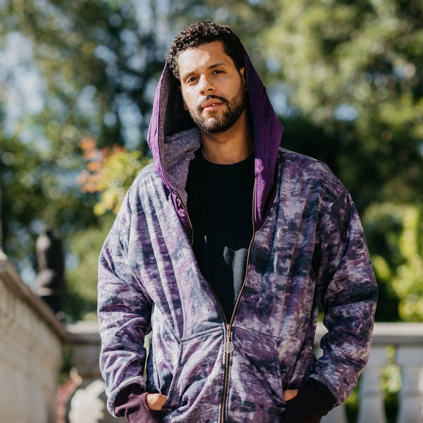 Unisex Hoodie Fleece Lined Hoody Sweater Sweatshirt - Purple Tie Dye - Flower of Life Zipper Pull - Playa Attire Mens Wear