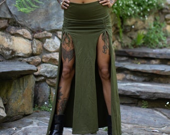 Priestess Slit Skirt - Cosplay Olive Elven Wear Elf Dominatrix Skirt Burning Man Sexy Festival Gsame Bohemian Thrones Witch Cotton