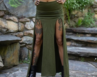 Falda con abertura para sacerdotisa - Cosplay Olive Elven Wear Elf Dominatrix Falda Burning Man Sexy Festival Gsame Boho Thrones Witch Cotton