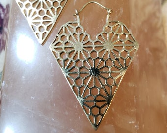 Diamond Hearts Earrings - Brass Gold Festival Burning Man Flow Arts Sacred Geometry Cosplay Jewelry Silver Big Hoops Bohemian Boho Chic