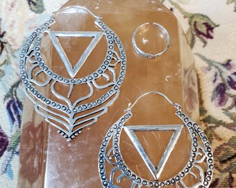 Unified Earrings - Silver Festival Gold Burning Man Sacred Geometry Cosplay Jewelry Honey Comb Big Hoops Bohemian Boho Chic