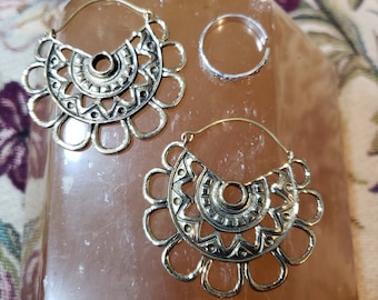 Mayan Treasure Earrings - Brass Gold Festival Burning Man Flow Arts Sacred Geometry Cosplay Jewelry Silver Big Hoops Bohemian Boho Chic