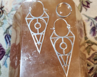 Arrow Prophecy Earrings - Silver Festival Gold Burning Man Flow Arts Sacred Geometry Cosplay Jewelry Silver Big Hoops Bohemian Boho Chic