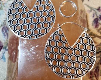 Honeycomb Block Earrings - Brass Gold Festival Burning Man Flow Arts Sacred Geometry Cosplay Jewelry Silver Big Hoops Bohemian Boho Chic