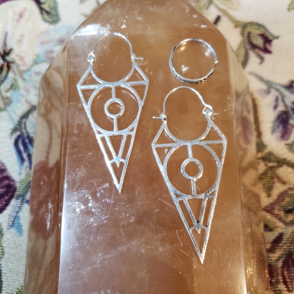 Arrow Prophecy Earrings - Silver Festival Gold Burning Man Flow Arts Sacred Geometry Cosplay Jewelry Silver Big Hoops Bohemian Boho Chic