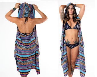 Hooded Cape Sarong - Blue Arabian Nights - Kimono Hood Throw Over Beach Gear Sexy Sorceress Gear Poncho Kamono Throwover Beach Wear Cool