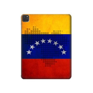 Puede incluir: Una funda para teléfono con un diseño de bandera venezolana de estilo vintage. La bandera es amarilla, azul y roja con una imagen estilizada de estrellas en la banda azul.