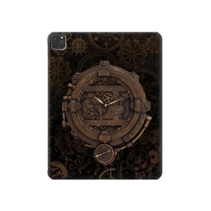 May include: A brown and gold steampunk-style clock face with intricate gears and a black background. The clock face is surrounded by smaller gears and cogs.