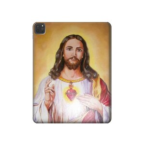 Peut inclure: Une peinture de Jésus-Christ avec un cœur sur la poitrine. Le cœur est rouge et porte une couronne d'épines. La peinture est réalisée dans un style réaliste et a un fond chaud et doré.