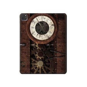 May include: A brown and gold steampunk-style phone case with a clock face and gears. The case has a distressed look and is made of a durable material.