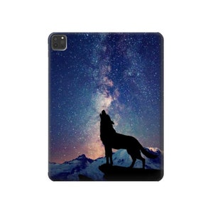 May include: A silhouette of a wolf howling at the night sky, which is filled with stars and a milky way. The wolf is standing on a snowy mountain top.