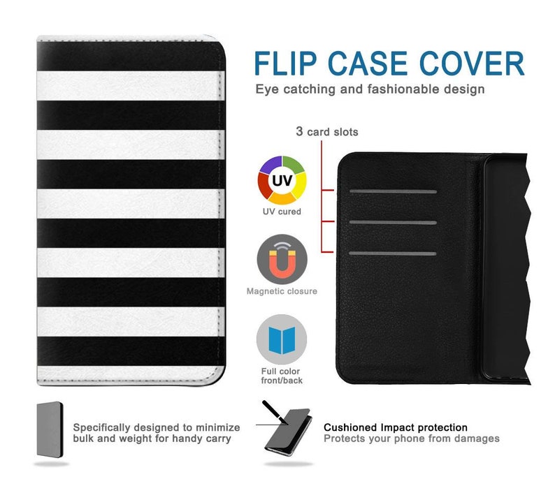 Black and White Striped Hard & Leather Flip Case iPhone 15 Pro Max Plus Samsung Galaxy Z Flip 5 Fold5 Note S23 A14 Google Pixel image 2